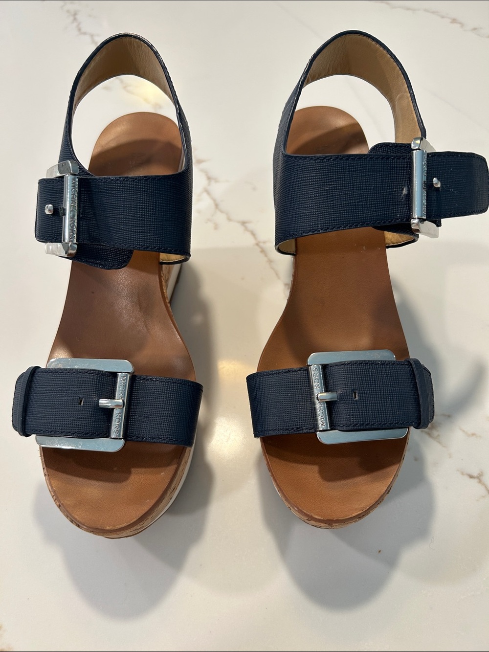 Michael Kors Navy Buckle-Strap Leather Footbed Sandals
